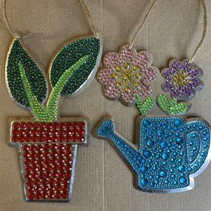 Set Of 2 Hanging Metal And Rhinestone Garden Metal Art Signs 9 X 4.5 And 8 X 6